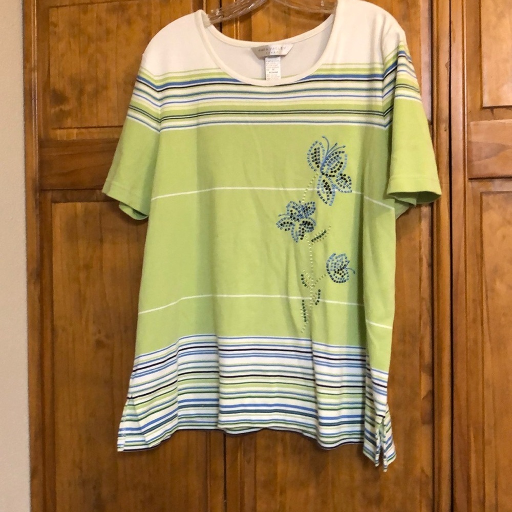 Vintage Napa Valley Green Striped Short Sleeve Top with Floral Design 1X